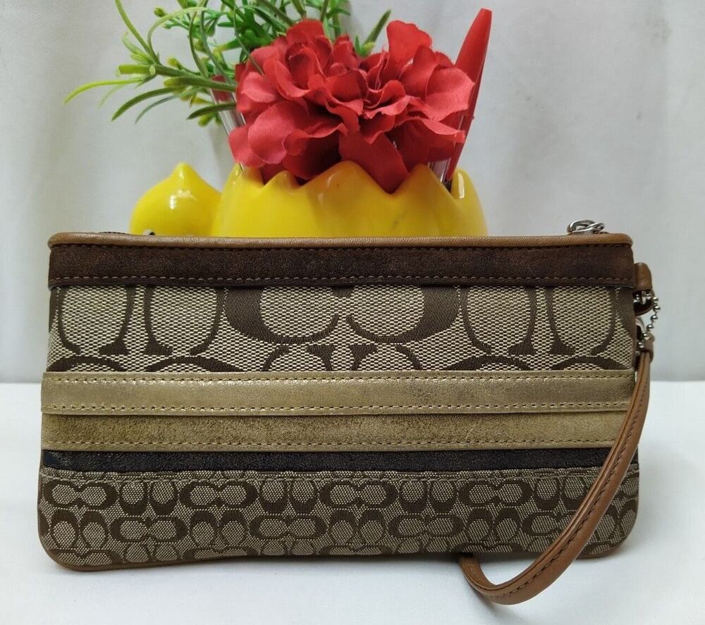 Coach Signature C Brown Canvas Stripes Zipper Wristlet - Coin Wallet